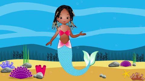 Seamless looping animation of a black color mermaid girl in the deep blue ocean. A cute African girl as half fish.