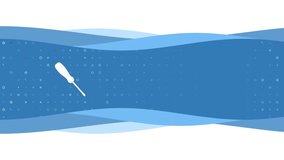 Animation of blue banner waves movement with white screwdriver symbol on the left. On the background there are small white shapes. Seamless looped 4k animation on white background