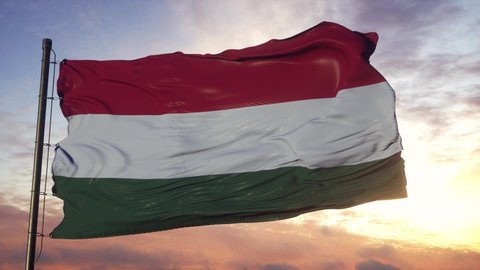Flag of Hungary waving in the wind against deep beautiful sky at sunset