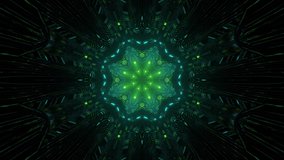 A 3D animations of futuristic cool kaleidoscopic visuals in vibrant blue-green and greencolors