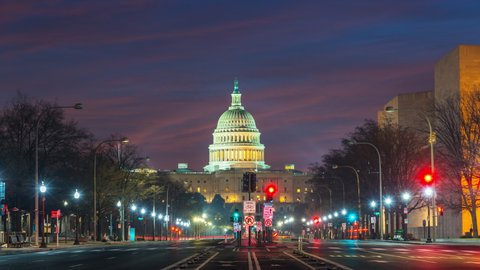 Timelapse of Pennsylvania Avenue and US Capitol at night, Washington DC, USA