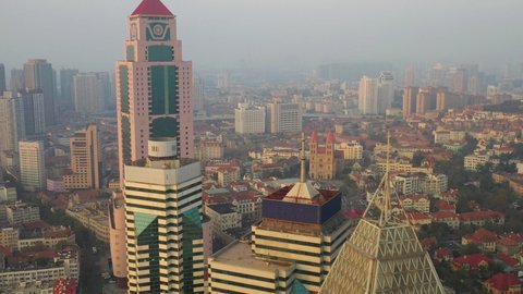 qingdao cityscape sunset time aerial panorama 4k china