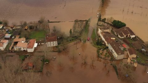 Aerial view of the floods in the south of France.  Garonne river in flood