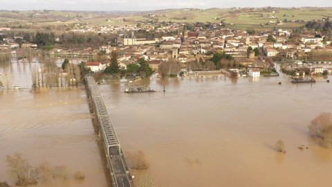 Aerial view of the floods in the south of France.  Garonne river in flood