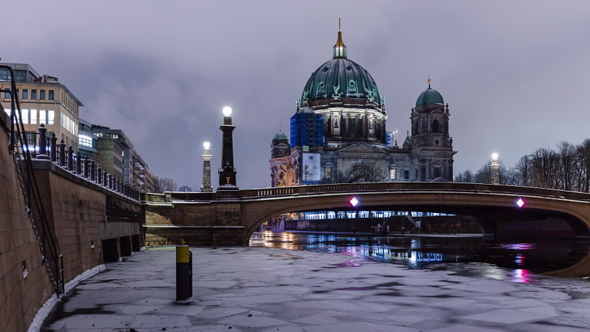 Snowy Night Time Lapse Berlin Cathedral with Spree River, Berlin, Germany