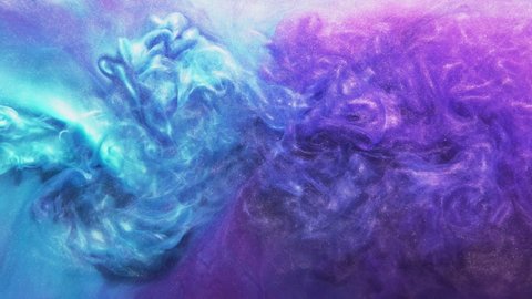 Color smoke flow. Ink swirl in water. Ethereal energy. Bright purple blue pigment glitter fume cloud mix dynamic texture abstract art background.