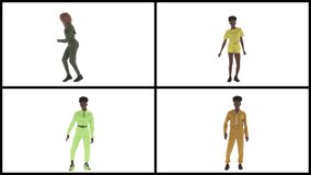 Video collage of four clips with dancing young African woman. Same person in different clothes. Split screen shot. Isolated on white background