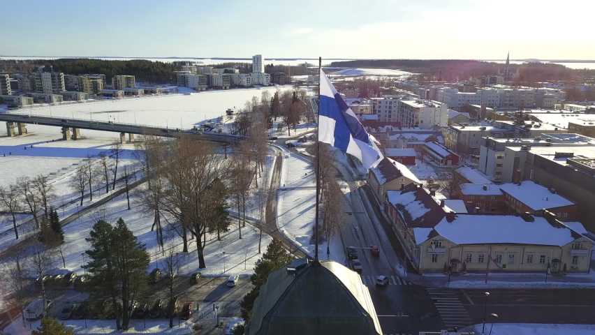 Aerial view of Finnish flag on the tower of Town Hall in Joensuu, Finland.