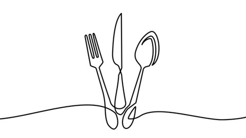 One line drawing, continuous line cutlery, knife and fork single line sketch, restaurant logo animation