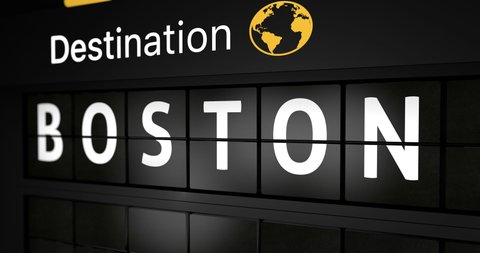 3D generated animation, analog flight information display board with the arrival city of Boston, 4 different animations