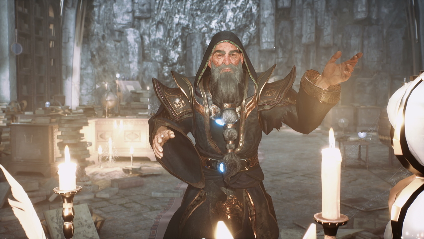 An ancient sorcerer is engaged in magic in an old mystical castle. The animation is for fantasy, magical or historical backgrounds.