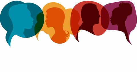 Colorful speech bubble animation. Communication or discussion between group of different people or colleagues. Multiethnic people talking. Social network. Teamwork. Copy space