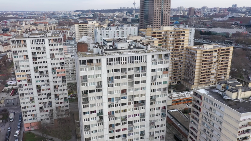 France, Paris suburb (Seine-Saint-Denis district), Aubervilliers, close-up on buildings. Drone aerial view. 