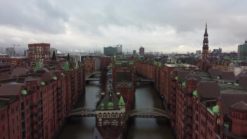 Famous Warehouse district in Hamburg Germany called Speicherstadt - aerial view