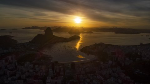 sunset sky flight over rio de janeiro city bay aerial panorama 4k timelapse brasil