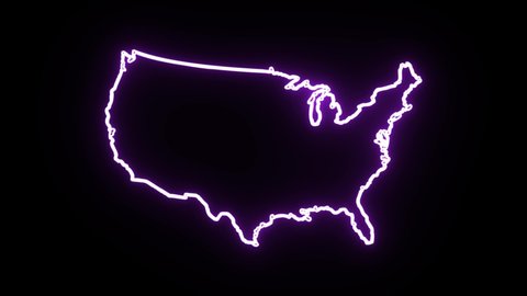 neon Map of State United States of America, us outline, white glowing outline, Animated close up map of US 