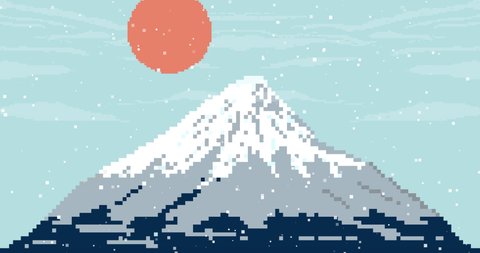 Mountain at sunset and the red sun. Snow falling down . Japan. Pixel art 8 bit animation