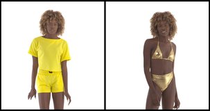 Vertical collage of African dancing woman. Young dancer in two clips wearing in gold swimsuit, yellow shorts and crop top set performing hip-hop moves. 