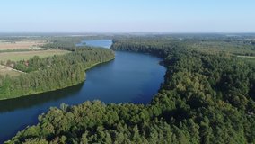 A large forest surrounding the blue lake. Aerial video.