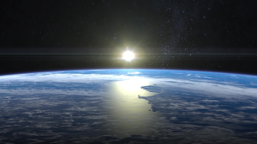Sunset over the Earth. View from space. The earth rotates quickly. Volumetric clouds. Beautiful starry sky. 4K. 3d rendering. Stars twinkle. | Shutterstock HD Video #1067723555