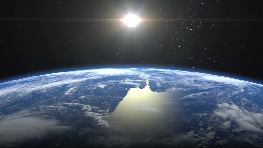 Sunrise over the Earth. View from space. The camera flies towards the Earth. Realistic atmosphere. Volumetric clouds. Starry sky. 4K. 3d rendering. Stars twinkle. | Shutterstock HD Video #1067723561
