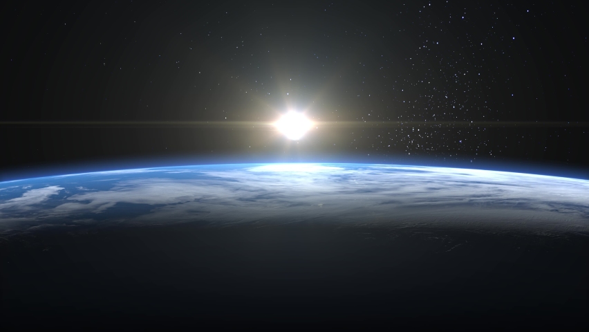 Sunrise over the Earth. View from space. The earth rotates towards the sun. Volumetric clouds. The still camera shoots at 80mm. Starry sky. 4K. 3d rendering. Royalty-Free Stock Footage #1067723567