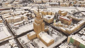 Riga, Latvia, Baltics. Beautiful panoramic aerial 4K video from flying drone on Latvian Academy of Sciences building sunny winter day. (Series)