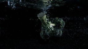Fresh green broccoli dropped falling in water with lot of splashes, bubbles and drops on black background 4k slow motion closeup - Powered by Shutterstock - Get 15% off with code: PIKWIZARD15