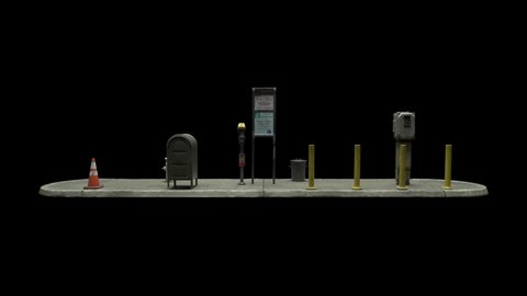 The bus stop equipment is located on a platform that rotates against a black background. Stopping in space. Seamless loop.