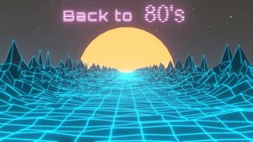 Digital 80s abstract 3D animation background. Retro dance party sci-fi seamless loop. Futuristic sunset neon lights and low poly terrain.