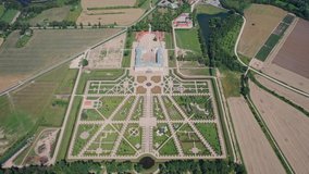 Rundale, Zemgale, Latvia,Baltics.Beautiful panoramic aerial 4K video from flying drone on Rundale (Rundāle) palace and it's gardens, built in 18th Century. (Series)