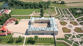 Rundale, Zemgale, Latvia,Baltics.Beautiful panoramic aerial 4K video from flying drone on Rundale (Rundāle) palace and it's gardens, built in 18th Century. (Series)