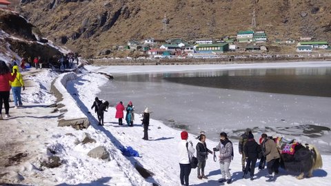 East Sikkim, Sikkim, India, January 26: People and Yak at the beautiful frozen glacial Lake Tsomgo or Changu lake of East Sikkim on January 26, 2021, in East Sikkim, West Bengal, India