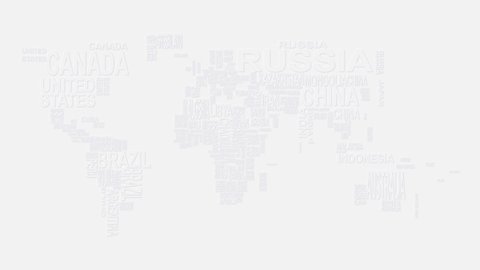 Minimalist animation vector text world map in neumorphism design. World map, nations, countries, continents vector. World map made up of the names of countries. Intro 4k video graphic motion animation