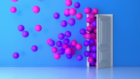 Purple pink balls fly through the open door on blue background. Balloons fly out of the open door into a large room. Light room. Abstract colorful background with air balloon. 3d animation of 4K