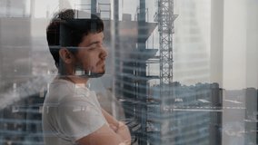 Double exposure of brooding business man against modern construction background. - Powered by Shutterstock - Get 15% off with code: PIKWIZARD15