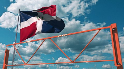 Swing arm road barrier and flag of the Dominican Republic, entry ban related 3d animation