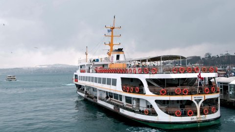 İstanbul, Turkey - February 15, 2021: Kadıköy Ferry departs from Eminönü. Bosphorus at winter time.