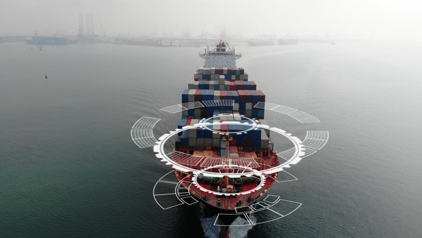 Aerial in front of technology cargo ship with smart circle line technology and WIFI technology , large ship carrying container and running for export  goods  from  cargo yard port to custom .