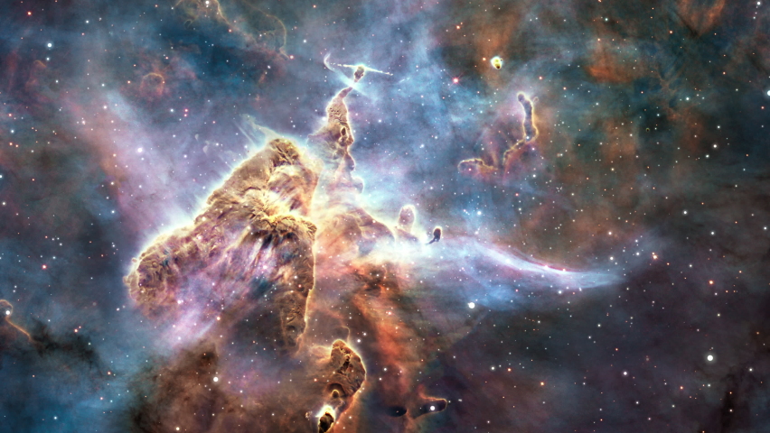 Carina Nebula exploration on deep space. 4K Flight Into A pillar of gas in the Carina Nebula, is bathed in the light of hot, massive stars. Elements furnished by NASA image. 3D animation space flight. Royalty-Free Stock Footage #1067759510