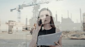 Double exposure business woman talking on a mobile phone against the background of modern construction. - Powered by Shutterstock - Get 15% off with code: PIKWIZARD15