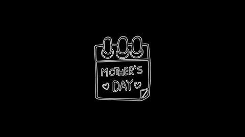 Calendar sheet icon with words Mother's Day moving lines on black background. 4K video seamless neon line animation. Mother's Day holiday