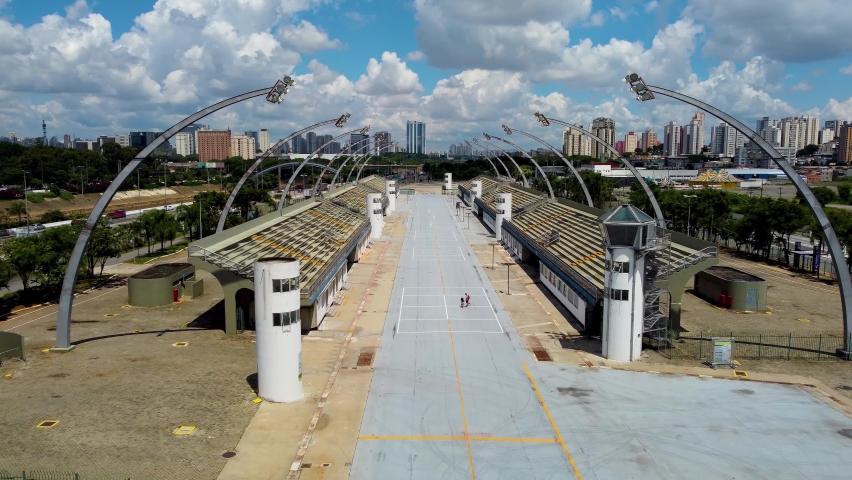 Samba, Carnival, Brazil. Anhembi, Sao Paulo. Aerial landscape of Carnival Sambadrome, Anhembi, Sao Paulo. Sambadrome  avenue empty due coronavirus, Sao Paulo. Samba, carnival, brazil, landmark.