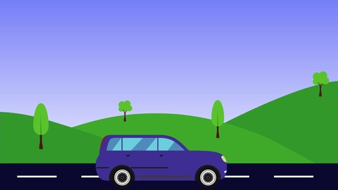 Nature landscape animation of hills ,running car on the road, flat design, seamless loop