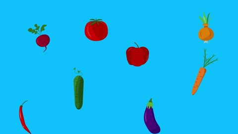 Vegetables animation on blue screen chroma key, flat design elements
