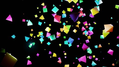 abstract festive background with cloud of pyramids flashing neon light randomly. Multi-colored pyramids rotating in the air. Loop beautiful bg in 4k. Smooth wiggling animation, 3d rendering