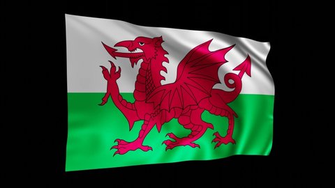 The flag of Wales animation,  Baner Cymru 3D waving Welsh flag on black screen, national flag 4K animation background.