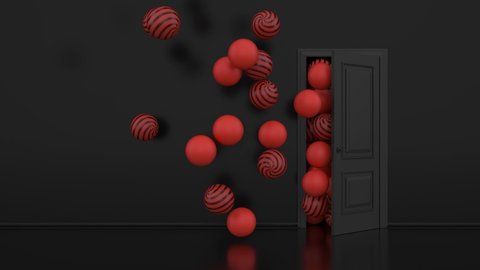 The balls fly through the open door. Orange balloons fly out of the open door into a large room. Dark black room. Abstract colorful background with air balloon. 3d animation of 4K