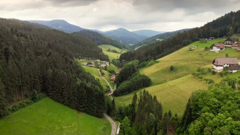 Flight over an idyllic green valley in the Black Forest (Schwarzwald), Germany. With forests, meadows on hills and a few houses in soft light