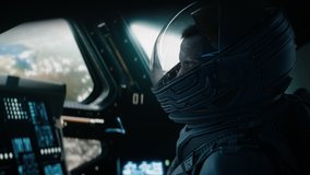 Portrait of Caucasian male astronaut inside spaceship cockpit. Sci-fi space exploration concept. Shot with 2x Anamorphic lens - Powered by Shutterstock - Get 15% off with code: PIKWIZARD15